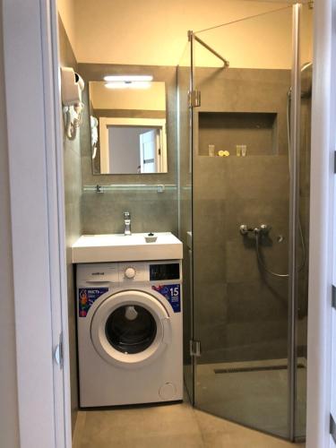 a bathroom with a washing machine and a sink at Arcadia apartment & sea terrace in Odesa