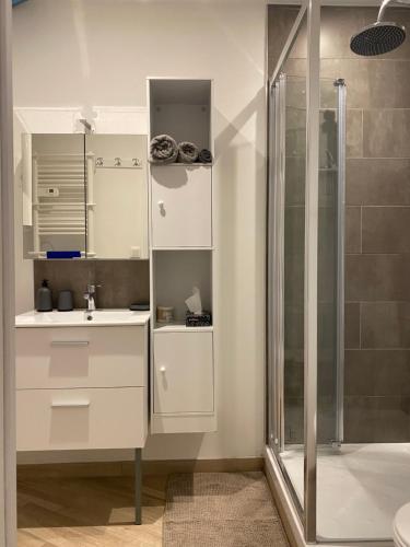 une salle de bain blanche avec une douche et un lavabo dans l'établissement Le studio à découvrir., à Marquette-lès-Lille