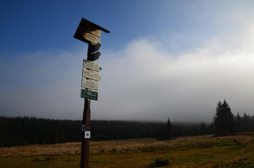 a pole with signs on it in a field at Penzion Vital in Liberec