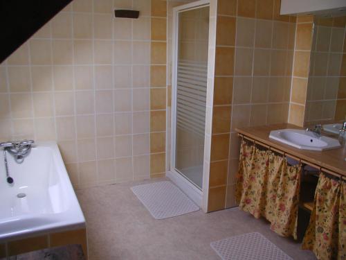 une salle de bain avec un lavabo et une douche dans l'établissement Gîte Le Pressoir, à Catteville