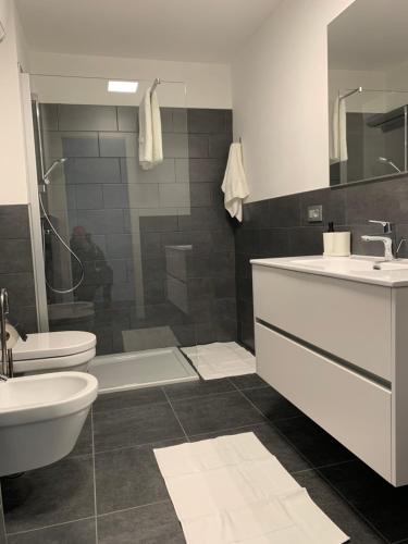 a bathroom with a sink and a toilet and a shower at La Filanda di Viano in Villa in Tremezzo