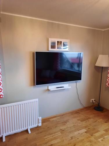 a flat screen tv on a wall in a living room at Sigtún 4 in Patreksfjörður