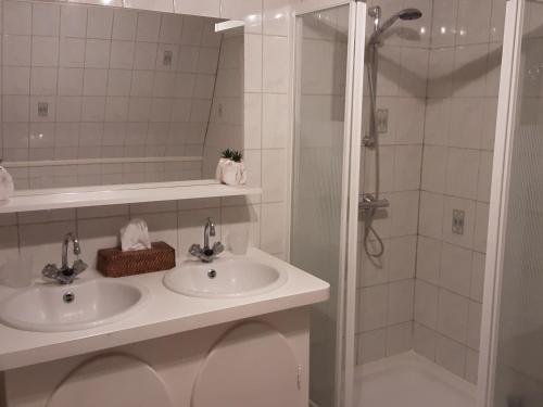 a bathroom with two sinks and a shower at Villa commune PoldersView in Sluis