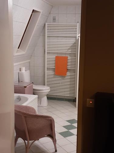 a bathroom with a toilet and an orange towel at Villa commune PoldersView in Sluis