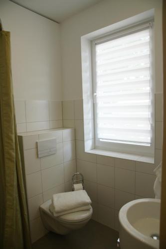a bathroom with a toilet and a sink and a window at Cafe und Pension Blohm in Greifswald