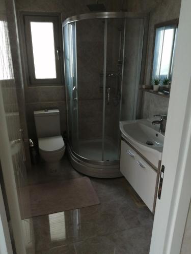 a bathroom with a shower and a toilet and a sink at Aqua Royal Alexus Luxury Holiday Apartments Girne in Kérynia