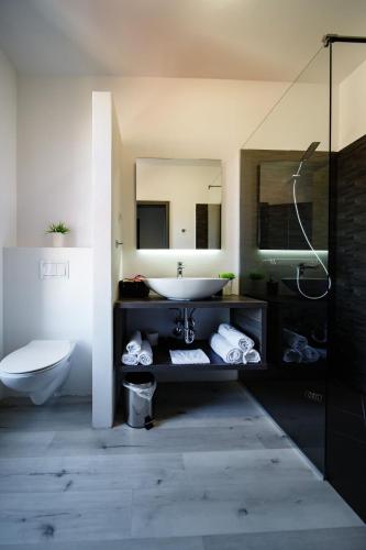 a bathroom with a sink and a toilet and a mirror at Villa Venka in Rab