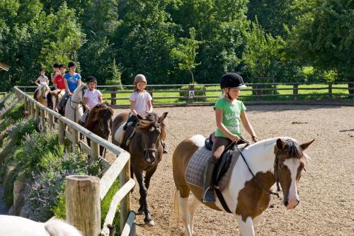 a group of children riding horses on a fence at Gasthaus Mitterjager in Kirchdorf in Tirol