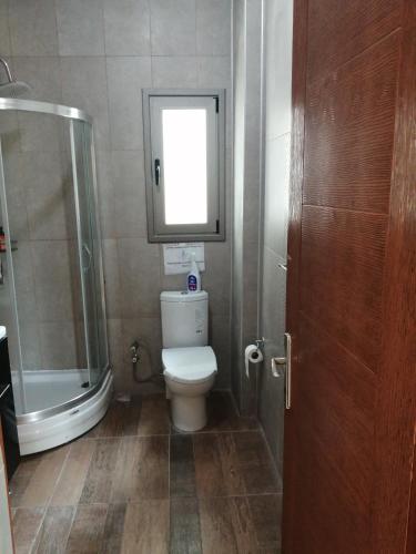 a bathroom with a toilet and a shower and a window at Aqua Royal Alexus Luxury Holiday Apartments Girne in Kérynia