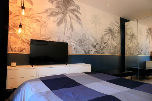 a bedroom with a bed and a flat screen tv at Studio l'évasion, parfait pour vous détendre in Divonne-les-Bains