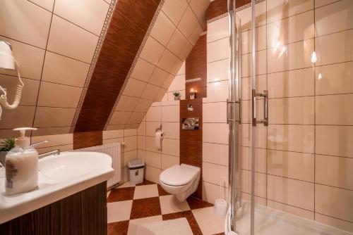 a bathroom with a toilet and a sink and a shower at Willa u Zwijaczy in Zakopane
