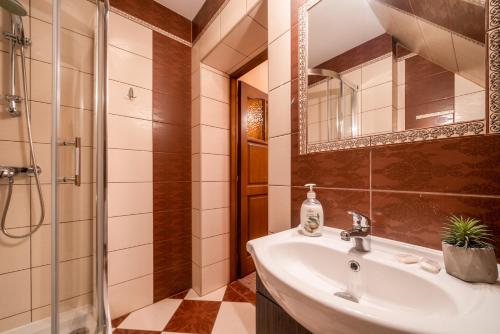 a bathroom with a sink and a shower and a mirror at Willa u Zwijaczy in Zakopane