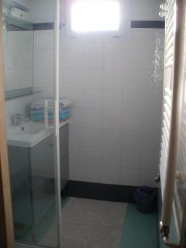 een kleine badkamer met een wastafel en een spiegel bij Vacances a St Germain d Esteuil 33340 in Saint-Germain-dʼEsteuil