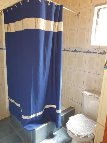 a blue shower curtain in a bathroom with a toilet at Hostal Candelaria in San Pedro de Atacama