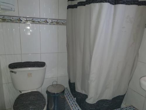 a bathroom with a toilet and a shower curtain at Hostal Candelaria in San Pedro de Atacama