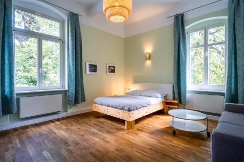 a bedroom with a bed and two windows at Villa Schmidt in Pirna