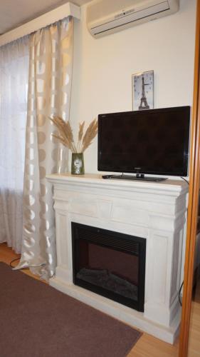 uma lareira com uma televisão de ecrã plano por cima em Kremlyovskaya Apartament em Vladimir