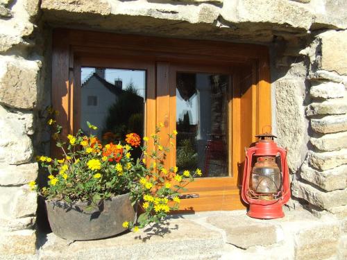 a red lantern in front of a window with flowers at Csátó Vendégház in Tihany
