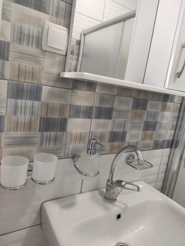 a bathroom with a sink and a mirror at Villa Ivanovi in Ohrid