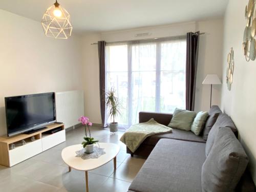 a living room with a couch and a tv at Swann Disney Appartement in Montévrain