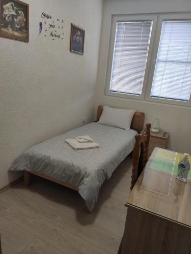 a small bedroom with a bed and a table at Villa Ivanovi in Ohrid