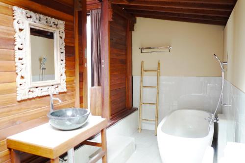een badkamer met een wastafel en een bad bij Nadya Homestay in Munduk