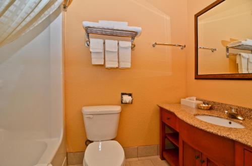 a bathroom with a toilet and a sink and a mirror at HiWay Inn Express of Broken Bow in Broken Bow