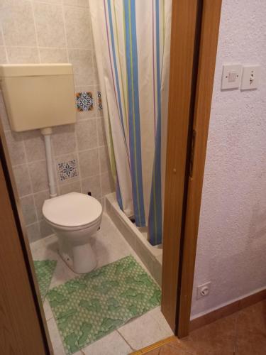 a bathroom with a toilet and a shower curtain at Studio Ana in Selce
