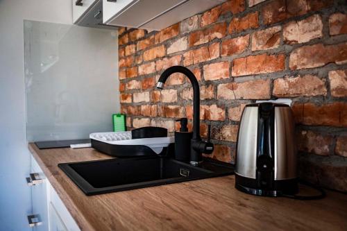 a kitchen with a sink and a brick wall at Twoje Rydzewo in Rydzewo