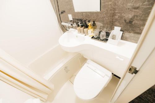 a bathroom with a sink and a toilet at Hotel KAN-RAKU Fujisan Gotemba in Gotemba