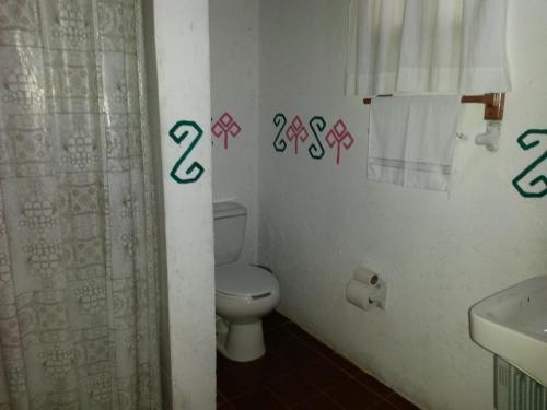 a bathroom with a toilet and a shower curtain at Hotel Taselotzin in Cuetzalán del Progreso