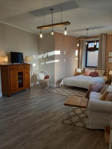 um quarto com uma cama e uma sala de estar em Drzewna Apartamenty-Drzewna em Zielona Góra
