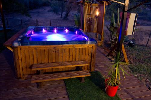 a hot tub with purple lights in a backyard at BellaTroun Chalet in Kefar Bin-Nun