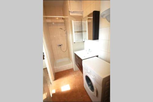 W łazience znajduje się pralka i umywalka. w obiekcie Simplicity Apartment - Lublin City Center w mieście Lublin