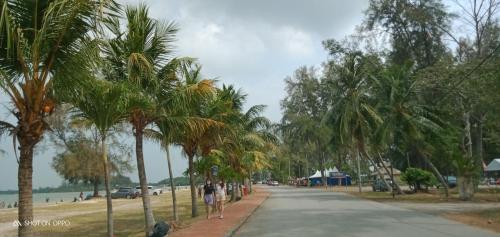 una calle bordeada de palmeras junto a una playa en Bagan Lalang Homestay Sepang, en Kampong Bagan Lalang