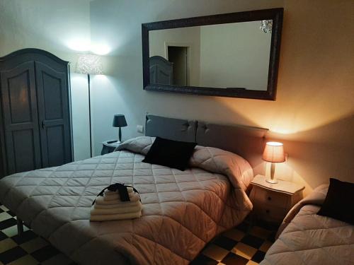 a bedroom with a bed and a mirror on the wall at B&B Principe Calaf 3 in Lucca