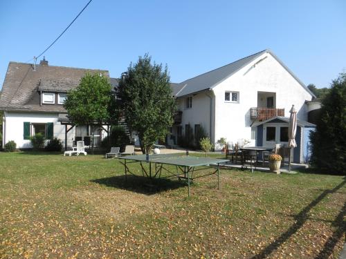 a ping pong table in the yard of a house at Ferienwohnungen Grafenfelder Hof in Gerolstein
