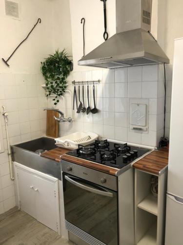 una cocina con estufa y fregadero en Apartamento Elizondo Giltxaurdi, en Elizondo