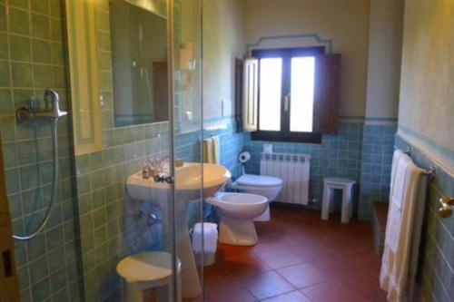 a bathroom with a sink and a toilet and a shower at Suite La Pieve Villa Le Barone Panzano in Chianti in Panzano