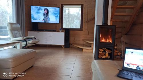 a living room with a fireplace and a tv at Dom Królewski Róg in Giżycko