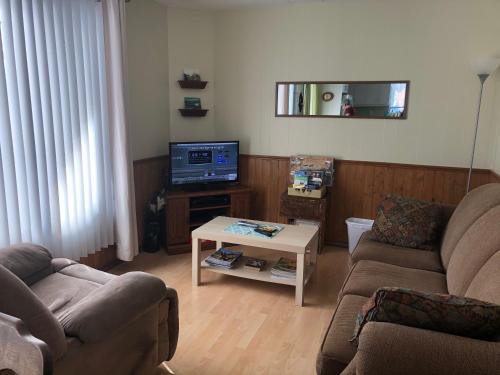 Maison l'héritage في لأنسي سانت جين: غرفة معيشة مع أريكتين وتلفزيون