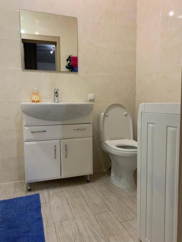 a bathroom with a sink and a toilet and a mirror at 073 Уютная квартира ЖК «Софиевская Слободка» in Vyshneve