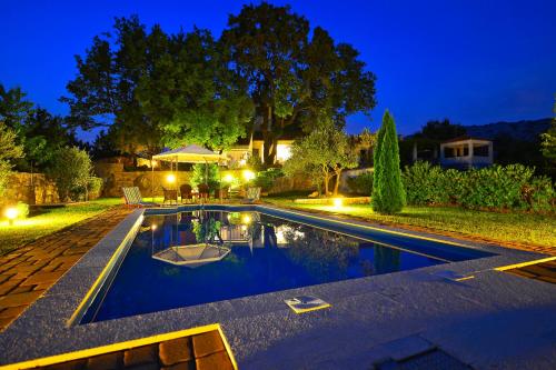 a swimming pool in a backyard at night at Isolated Villa Terna -Big Garden-Pool-Dalmatia in Slime