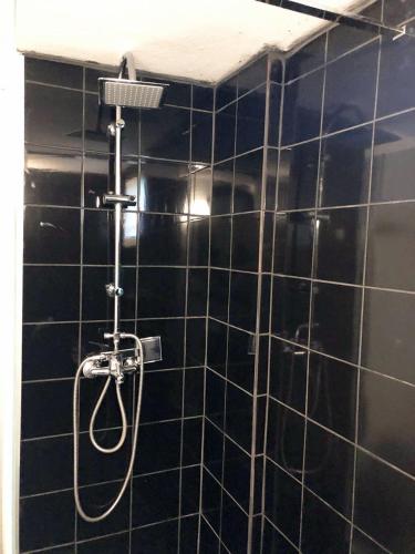 a shower in a bathroom with black tiles at TESSERA Tsagarada Villa with a Private Pool in Tsagarada