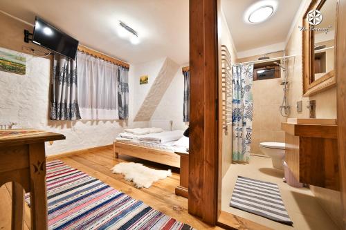 a bathroom with a bed and a toilet in a room at Agroturystyka "Na Borowej" in Czarny Dunajec