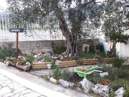 a garden with a tree and a green wheelbarrow at B&B Case Vacanza Orchidea marina di Macchia a Mattinata Gargano in Monte SantʼAngelo