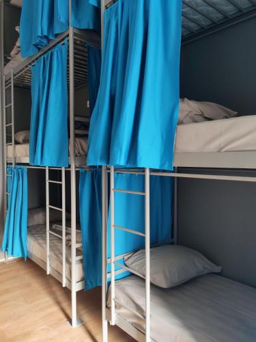 a group of bunk beds in a room with blue curtains at Хостел с террасой в центре in Kharkiv
