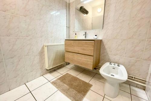 une salle de bain avec un lavabo, des toilettes et un miroir dans l'établissement L'Isernon - Spacieux T2 au bord de la rivière, à Annecy