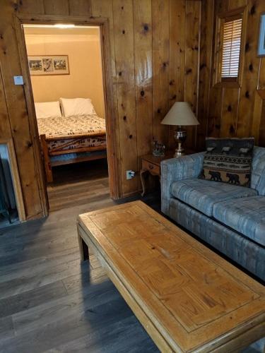 a living room with a couch and a bed at Columbine Cabins in Grand Lake