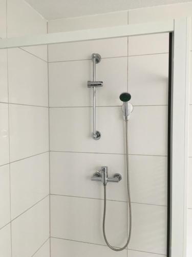 una ducha con cabezal de ducha en un baño en Fe wo Viktoria, en Lahr